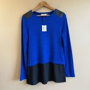 New CALVIN KLEIN cobalt blue sweater tunic size small faux leather panels slits